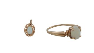 Two Pieces of 14K Yellow Gold Cabochon Opal Jewelry, consisting of a .13 ct. lady's dinner ring, size 8 1/4, and a .1 ct. oval pendant. (2 Pcs.)