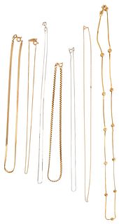 Group of Seven 14K Yellow Gold Link Necklaces, one a tiny white gold example; one a flat white gold example; one a twisted tiny link yellow gold examp