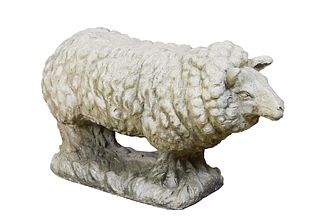 Life-Size Fiberglass Sheep Statue, on an integral rocky base, H.- 24 in., W.- 44 in., D.- 16 in.