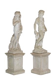 Pair of Cast Stone Nude Neoclassical Garden Statues, 20th c., of Venus, on a large clam shell support on an integral octagona plinth; and a male figur