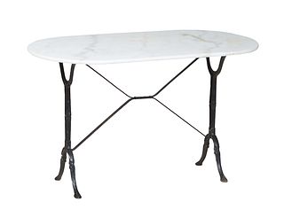 French Parisian Marble and Cast Iron Bistro Table, 20th c., the oval white marble top, on trestle bases with pointed toes, joined by a shaped X-form s