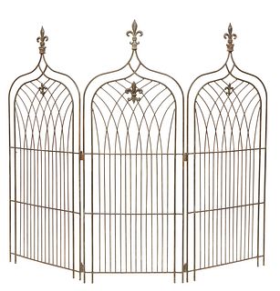 Wrought Iron Folding Three Panel Screen, 20th c., each arched panel topped with a fleur-de-lis above a lower relief fleur-de-lis, H.- 81 1/2 in., W.- 
