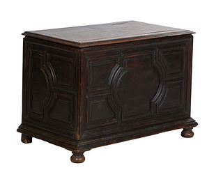 French Provincial Louis XIII Style Carved Walnut Coffer, late 19th c., the stepped edge top over the front and sides with applied geometric carving, o