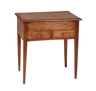 French Louis Philippe Carved Walnut Work Table, 20th c., the stepped lifting top over open storage and two lower drawers, on tapered square legs, H.- 