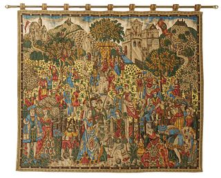 Italian Medieval Style Tapestry, 20th c., with a brass hanging rod, H.- 54 in., W.- 60 in.