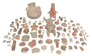 Large Group of One Hundred-One Pre-Columbian Pottery Pieces, consisting of a ring handled jug, a seated figure, a standing figure, and 98 fragments, J