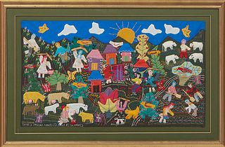 Hand Made Janguana Workshop Applique, from Narino, Colombia, signed Narvaez bottom left, presented in a shadowbox and gilt frame, H.- 13 2/4 in., W.- 