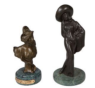 Two Patinated Cabinet Bronze Statues of Women, each on a verde antico marble base, the Art Nouveau example "Rue de Plaisir," after Alexander Jacobs, H