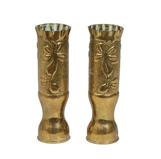 Pair of Trench Art Brass Vases, from World War I, with scalloped rims and relief fruit and leaf decoration, H.- 11 1/2 in., Dia.- 3 1/2 in.