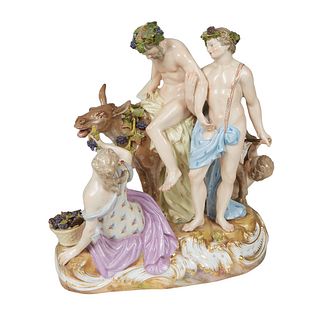 Meissen Figural Group, "Drunken Silenus on a Donkey," early 20th c., accompanied by a young Dionysus, a Maenad, and a putto, the bottom with a blue cr