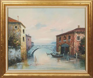 A. Simpson, "Venetian Canal," 20th c., oil on canvas, signed lower left, presented in a linen lined gilt frame, H.- 23 1/2 in., W.- 29 1/2 in., Framed