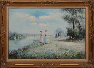 F. Raffaeli, "Promenade in the Park," 20th c., oil on canvas, signed lower right, presented in a gilt and gesso frame, H.- 23 1/2 in., W.- 35 1/2 in.,