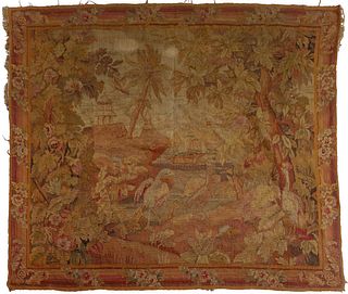 French Jacquard Tapestry, 19th c., with a scene of a bird in a forest landscape, H.- 6' 4 X 7'