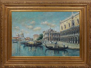 E. Allenche, "View of Venice," 20th c., oil on canvas, signed lower left, presented in an antique style gilt frame, H.- 23 1/4 in., W.-35 1/8 in., Fra