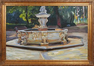 L. Dubois, "View of a Park Fountain," 20th c., oil on canvas, signed lower right, presented in a gold-leaf frame, H.- 47 1/2 in., W.- 71 1/4 in., Fram