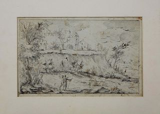 Continental School, "Landscape View with Village," 18th/19th c., charcoal on paper, unsigned, presented in a protective mat, H.- 8 5/8 in., W.- 13 3/4