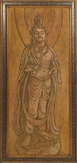 Standing Buddha, watercolor and ink on canvas laid to board, with signature or inscription lower left, presented in a gilt frame H.- 47 1/2 in., W.- 1