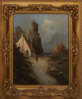 Russell, "Countryside Cottage," 19th c., oil on canvas, signed lower right, presented in an antique style gilt frame, H.- 19 3/8 in., W.- 15 1/2 in., 