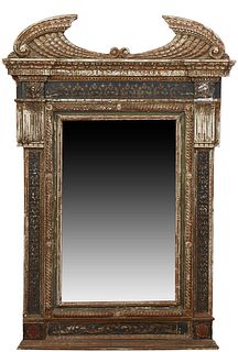 French Polychromed Overmantel Mirror, 19th c., with a double curved cornucopia crest over a wide frame and a rectangular plate, H.- 43 3/8 in., W.- 29