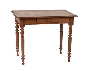 French Provincial Louis Philippe Style Carved Oak Writing Table, 19th c., the stepped rounded corner top over a wide skirt with a center frieze drawer