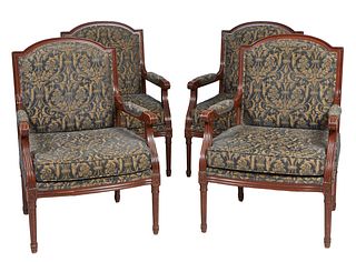 Set of Four Carved Beech Louis XVI Style Fauteuils, 20th c., the arched canted upholstered back to upholstered arms and a removable bowed seat cushion