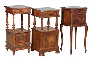 Three French Carved Walnut Marble Top Nightstands, early 20th c., one Louis XV with an inset serpentine figured brown marble over a frieze drawer and 