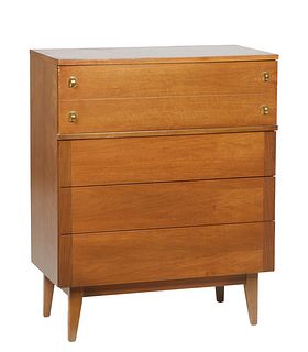 Mid-Century Modern Carved Walnut Chest, 20th c., the rectangular top with a deep drawer over three large drawers, on tapered square legs, H.- 42 3/8 i