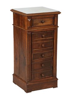 French Louis Philippe Carved Walnut Marble Top Nightstand, 19th c., the inset figured white marble over a frieze drawer and a faux four drawer cupboar