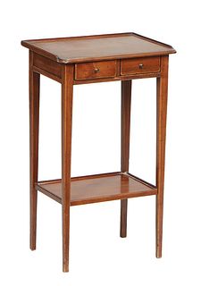 French Louis XVI Style Carved Cherry Nightstand, 20th c., the three-quarter galleried top over two small frieze drawers, on tapered square legs joined