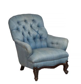 French Louis XV Carved Walnut Bergere, circa 1870, the arched canted tufted back over tufted rolled arms, to a bowed seat on scrolled cabriole legs, H