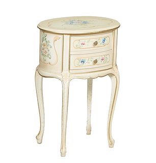 French Polychromed Beech Louis XV Style Nightstand, 20th c., the stepped ogee edge top over a bank of two floral painted drawers flanked by floral pai