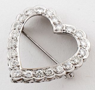Modern 14K White Gold Diamond Heart Brooch / Pin