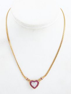 14K Yellow Gold Ruby & Diamond Heart Necklace