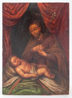 Spanish School Saint & Infant Jesus Oil on Panel
