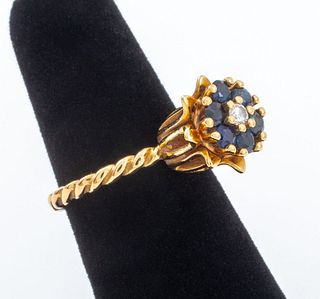 14K Yellow Gold Sapphire & Diamond Flower Ring