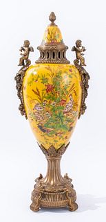 Chinese Ormolu Mounted Porcelain Urn Vase & Cover