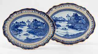 Chinese Blue Willow Porcelain Platters w/ Gilt, 2