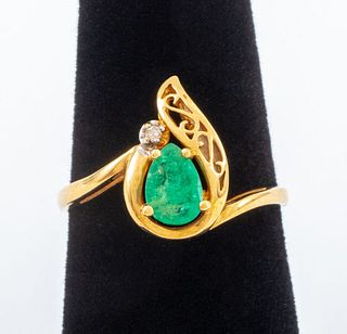14K Gold Teardrop Emerald Diamond Ring Size 6.25