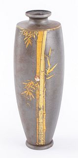 Signed Japanese Mixed Metal Vase with Birds