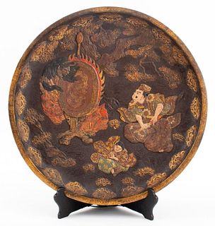 Japanese Meiji Ceramic Charger with Figures & Oni