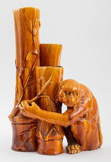 Monkey & Bamboo Form Glazed Ceramic Triple Vase