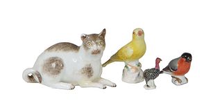 Four Porcelain Animals, early 20th c., consisting of a Meissen robin, canary, and cat, all with blue crossed sword marks and a French turkey, Cat- H.-