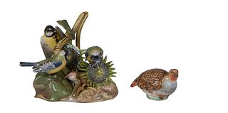 Two Meissen Porcelain Pieces, consisting of a Titmouse Bird Group, #F125; together with a quail covered box, H.-8 in., W.- 9 in., D.- 5 1/2 in.