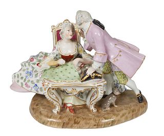 Meissen or Samson Courting Couple Figural Group, 20th c., with a dog, on an integral oval base, the bottom with a crossed swords mark, impressed "83."