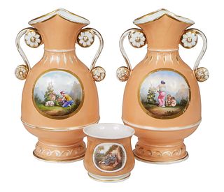Pair of Old Paris Style Porcelain Baluster Vases, 19th c., the canteloupe ground, with a gilt framed oval painted reserve, of a classical woman pickin