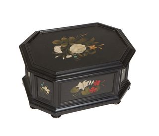 Italian Pietra Dura Black Marble Jewelry Box, 19th c., of octagonal form, the top and all sides with inlaid flowers, on six disc feet, H.- 5 1/4 in., 