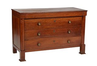 French Empire Style Carved Walnut Commode, c. 1840, the rectangular top over three setback drawers flanked by engaged columns, on a plinth base on blo