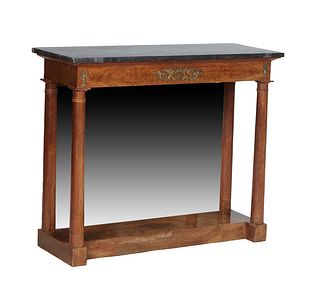 French Ormolu Mounted Empire Style Carved Cherry Marble Top Console Table, 19th c., the figured black marble over a wide skirt, on turned columnar sup