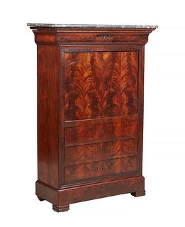French Louis Philippe Carved Walnut Marble Top Secretary Abattant, 19th c., the rounded corner gray marble over a frieze drawer above a fall front des