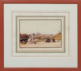 Continental School, "Belvedere Gardens, Vienna," early 20th c., watercolor on paper, signed and titled illegibly, presented in a polychromed frame, H.